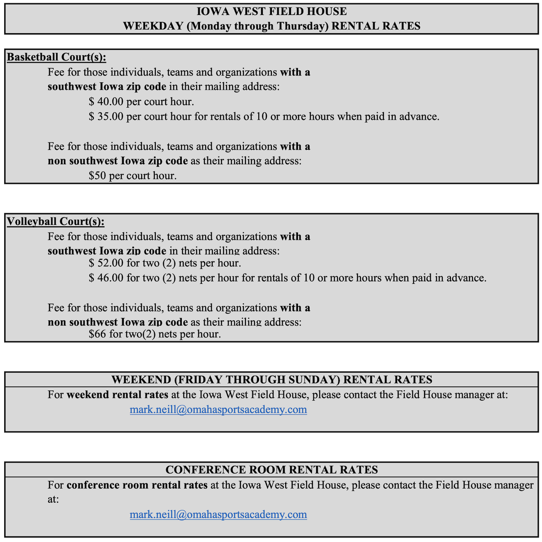 Rentals Iowa West Field House